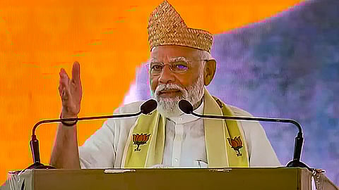 Prime Minister Narendra Modi addresses a public meeting, ahead of Lok Sabha elections, in Attingal, Kerala, Monday, April 15, 2024. 
