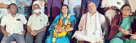 Gitanjali Routray with husband sitting MLA Sambit Routray at the meeting