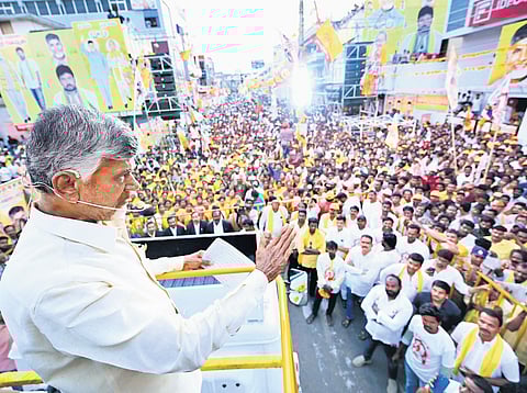 TDP supremo N Chandrababu Naidu addressing a Praja Galam public meeting at Narasapuram in West Godavari district on Friday 