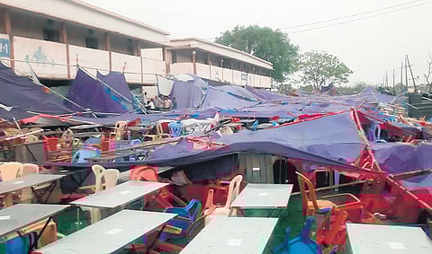 Tents at a DRC centre collapse as heavy rains and hailstorms lashed the Kumurambheem Asifabad district on Sunday