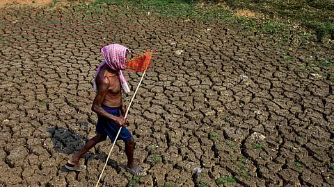 As heatwaves continues to prevail a man walks inside a dried pond on the outskirts of Bhubaneswar. 