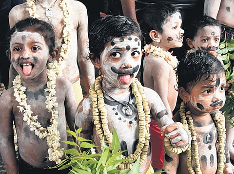 Children take part in Gangamma Jatara with enthusiasm; artistes seen dressed up in mythological characters in Tirupati on Wednesday
