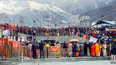 Devotees arrive to offer prayers at the Kedarnath Temple after its portals opened, marking the start of the 'Char Dham Yatra'