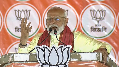 Prime Minister Narendra Modi addresses during a public meeting for Lok Sabha elections, in Barrackpore, West Bengal, Sunday, May 12, 2024.