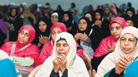 Women pilgrims at Karipur Haj house before embarking on the journey on Thursday