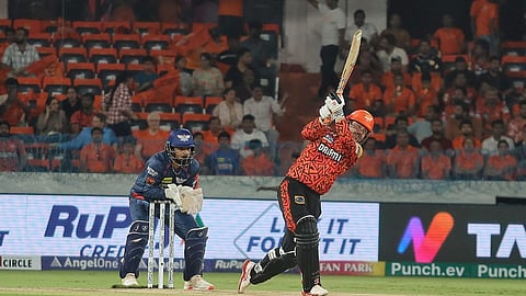 Sunrisers Hyderabad's Travis Head plays a shot during the IPL match against Lucknow Super Giants.