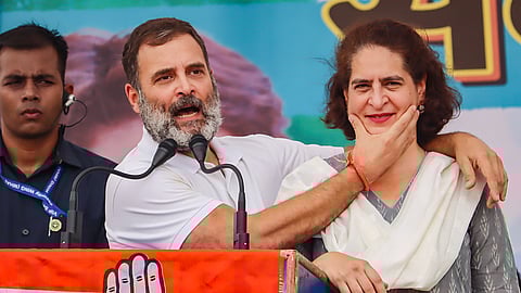 Congress leaders Rahul Gandhi and Priyanka Gandhi during a public meeting for Lok Sabha elections, at Maharajganj in Raebareli, Monday, May 13, 2024.