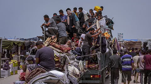 Palestinians fleeing from the southern Gaza city of Rafah during an Israeli ground and air offensive in the city on Tuesday, May 28, 2024. 