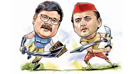 From left, Subrat Pathak and Akhilesh Yadav