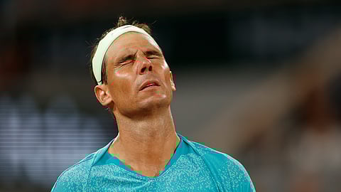 Spain's Rafael Nadal reacts as he plays against Germany's Alexander Zverev during their first round match of the French Open tennis tournament at the Roland Garros stadium in Paris, Monday, May 27, 2024.
