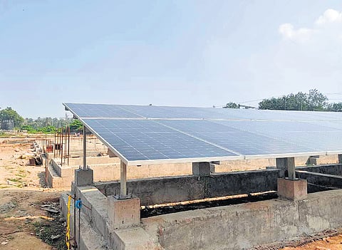 Solar panels being set up at Milma’s dairy farm in Tripunithura 

