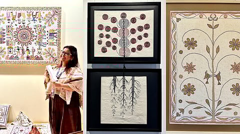 Mahua Lahiri, winner of the 2023 AD X JSW Prize for Contemporary Craftmanship (R), A modern interpretation Shrishti, Dyptich, undyed muslin and kantha embroidery, 2023, (L)