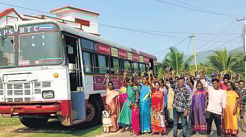 Tribals of Madrebu in Pedakota panchayat, set off in a bus from Dayarthi village to exercise their franchise