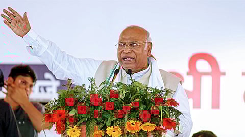 Congress President Mallikarjun Kharge addresses a public meeting for Lok Sabha polls, in Yamuna Nagar, Haryana, Tuesday, March 21, 2024.
