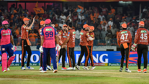 Players exchange greetings after Sunrisers Hyderabad won the IPL 2024 T20 cricket match against Rajasthan Royals by 1 run at Rajiv Gandhi International Cricket Stadium, Uppal, in Hyderabad, Thursday, May 2, 2024.