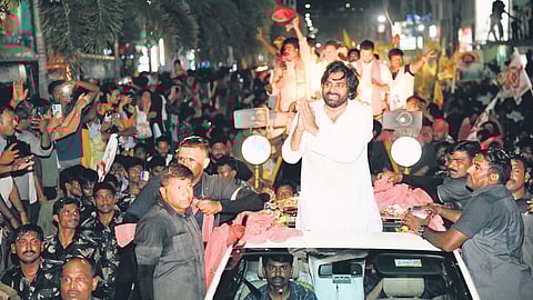 JSP chief Pawan Kalyan holding a roadshow in Vijayawada on Thursday
