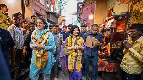 Congress leader Priyanka Gandhi Vadra and Samajwadi Party leader Dimple Yadav offers prayer at the Kaal Bhairav Mandir, in Varanasi, Saturday, May 25, 2024.