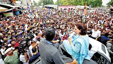 Congress leader Priyanka Gandhi Vadra at a roadshow in Rae Bareli on Wednesday.