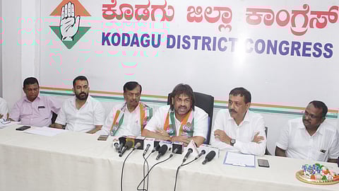 Karnataka education minister Madhu Bangarappa speaking to media at the District Congress Office in Madikeri.