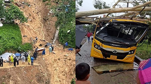 The rains, which were accompanied by gusty winds, uprooted trees and triggered landslides at many places.  