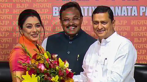 Actor Rupali Ganguly being felicitated by BJP leader Anil Baluni after joining the party amid Lok Sabha elections, in New Delhi.