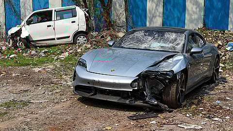 The Porsche car driven by a 17-year-old boy which knocked down two motorbike riders in the Kalyani Nagar area of Pune city in the early hours of Sunday, causing their deaths. 