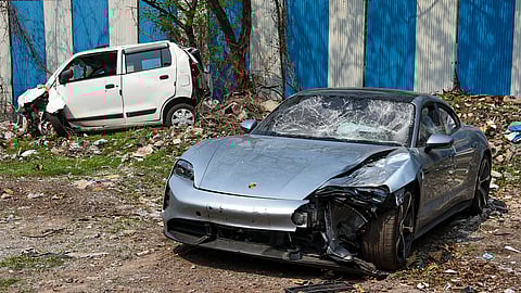 The Porsche car driven by a 17-year-old boy which knocked down two motorbike riders in the Kalyani Nagar area of Pune city, causing their deaths. 