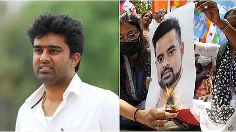  JD(S) MLC Suraj Revanna, (R), Protestors burn a poster of JD(S) MP Prajwal Revanna during a protest against his involvement in the alleged sexual abuse case.