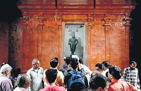 Visitors take a look at the architectural marvels displayed at the newly constructed Shri Thrikkaipatta Mahakshetram in Kozhikode on Friday 