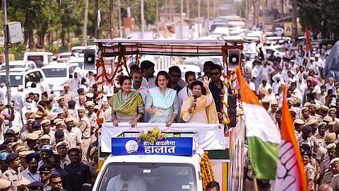 Congress leader Priyanka Gandhi Vadra during a roadshow in support of party candidate Kumari Selja for Lok Sabha elections, in Sirsa.