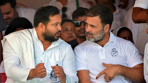 Congress leader Rahul Gandhi with RJD leader Tejashwi Yadav