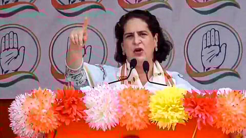 Congress leader Priyanka Gandhi Vadra addresses a public meeting for Lok Sabha elections, in Dhubri, Assam, Wednesday, May 1, 2024. 