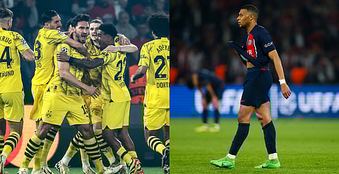 Dortmund's German defender Mats Hummels (C) celebtrates with teammates, while Mbappe (R) reacts during the UEFA Champions League semi-final second leg football match between Paris Saint-Germain (PSG) and Borussia Dortmund on May 7, 2024.