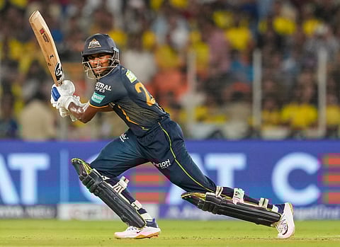 Gujarat Titans' Sai Sudharsan plays a shot during an IPL 2024 T20 cricket match between Gujarat Titans and CSK on May 10, 2024.