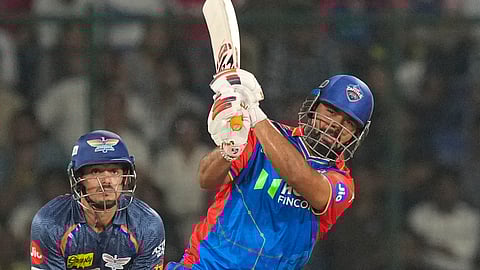 Delhi Capitals batter Rishabh Pant plays a shot during the Indian Premier League (IPL) 2024 cricket match between Delhi Capitals and Lucknow Super Giants, in New Delhi, Tuesday, May 14, 2024.