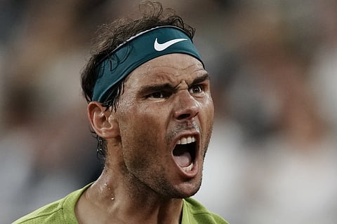 Spain's Rafael Nadal celebrates winning the first set against Germany's Alexander Zverev during their semifinal match at the French Open tennis tournament in Roland Garros stadium in Paris, France, Friday, June 3, 2022.