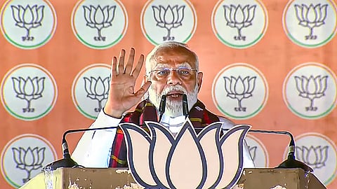 Prime Minister Narendra Modi addresses a public meeting for Lok Sabha elections, in Mayurbhanj, Odisha.