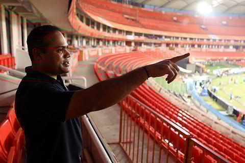 Nitin Menon at the Rajiv Gandhi International Cricket Stadium, Hyderabad (Photo | Sri Loganathan Velmurugan)