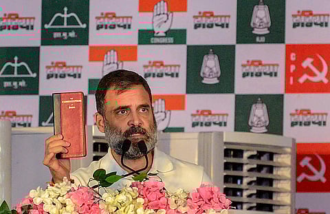 Congress leader Rahul Gandhi addresses a public meeting for Lok Sabha elections, in Chaibasa, West Singhbhum district of Jharkhand, Tuesday, May 7, 2024. 