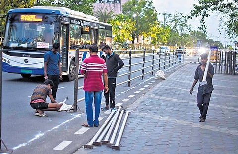 Barricades being erected for Prime Minister Narendra Modi’s roadshow on Janpath in Bhubaneswar on Wednesday