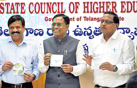 Professor R Limbadri, along with officials, releases the TS ECET exam results in Hyderabad on Monday 