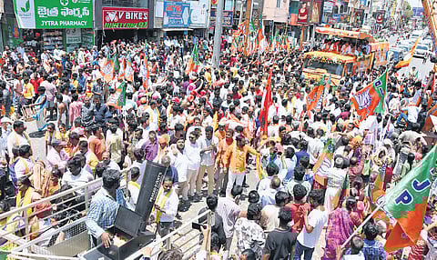 BJP national president JP Nadda, along with tripartite alliance leaders Nara Lokesh and K Nagababu, participates in a roadshow in Tirupati on Saturday 