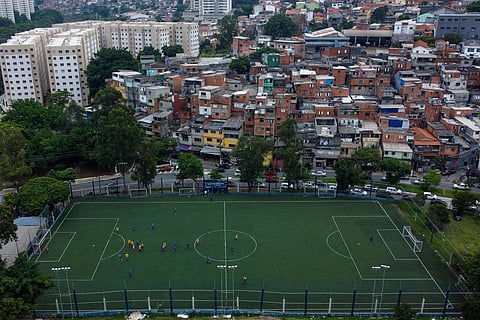 Aerial view of a football field in Sao Paulo, Brazil, taken on February 17, 2024.