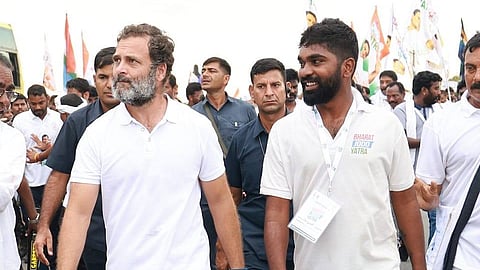 Raj Sampath with Rahul Gandhi during the 'Bharat Jodo Yatra'.