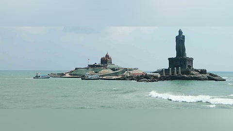 The Vivekananda Rock Memorial and the Thiruvalluvar Statue situated off the mainland of Vavathurai in Kanyakumari.