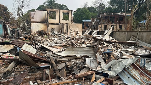 This undated photo released by the Free Burma Rangers, shows a monastery destroyed by a Burmese military airstrike on March 31, 2024, in Papun, Karen state, Myanmar.