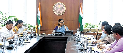 Chief Secretary Santhi Kumari chairs a meeting with forest, panchayat raj and TSPSCB officials in Hyderabad on Wednesday