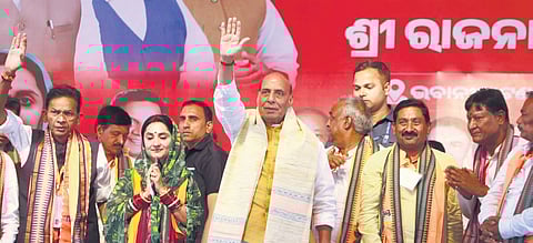 Defence Minister Rajnath Singh with other BJP candidates at the election meeting in Bhawanipatna on Wednesday 