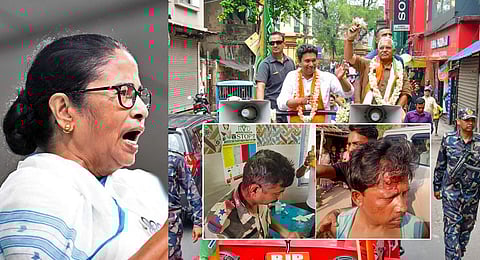 In this inset image, BJP candidate Dilip Ghosh's personal security (left) and a TMC worker (right) got injured after alleged clashes broke out between supporters of TMC and BJP in Monteswar's Susunia area of Bardhaman-Durgapur Lok Sabha seat as BJP candidate Dilip Ghosh was on his way to a polling booth following complaints of booth jamming during the fourth phase of Lok Sabha elections in Bardhman on May 13, 2024. 