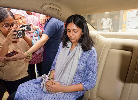 AAP Rajya Sabha MP Swati Maliwal at the Tis Hazari Court after she recorded her statement on the alleged assault by Delhi Chief Minister Arvind Kejriwal's aide Bibhav Kumar, in New Delhi, Friday, May 17, 2024. 